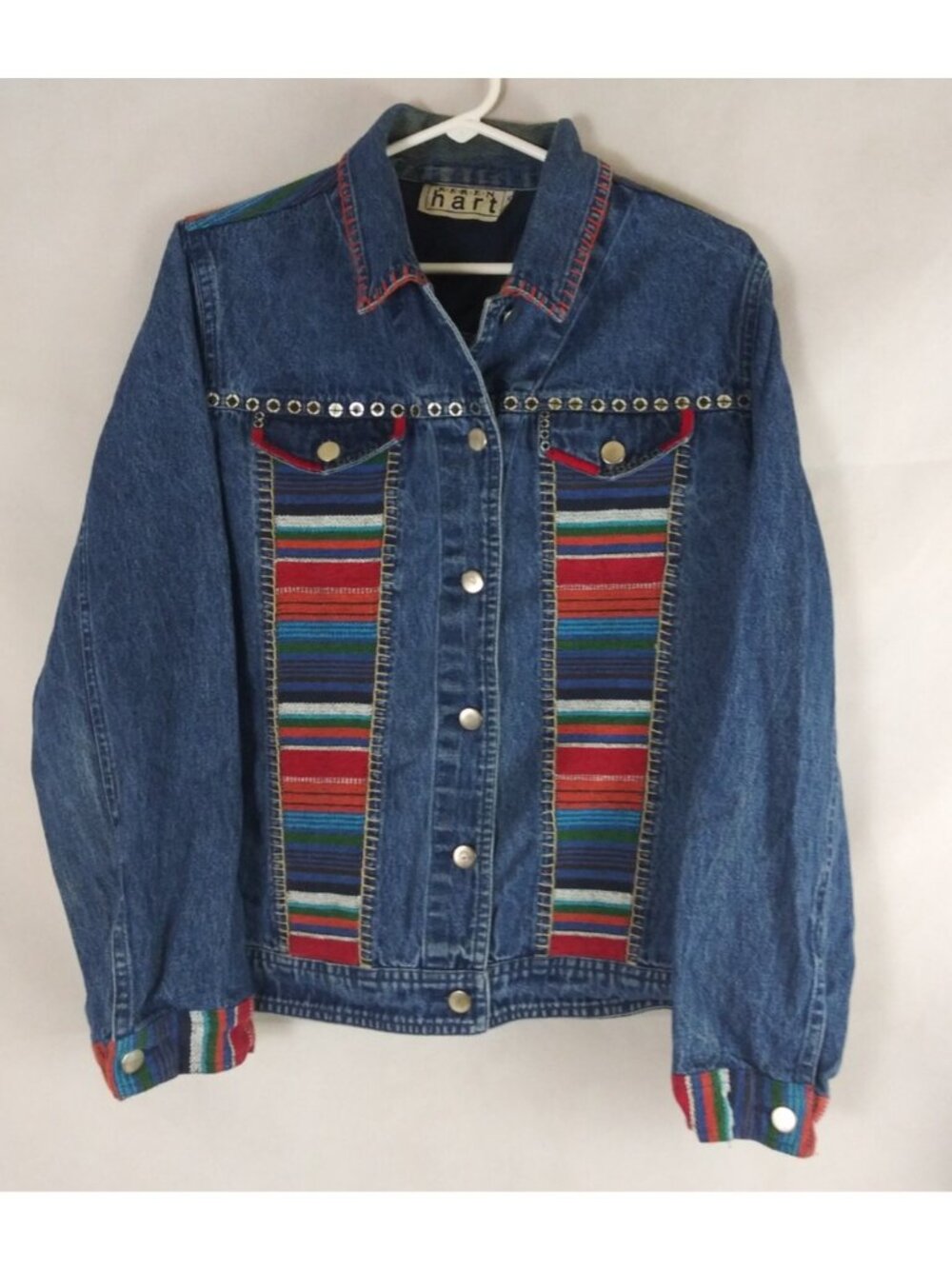 Keren Hart Embroidered Colorful Southwestern Boho Jean Jacket Size Large